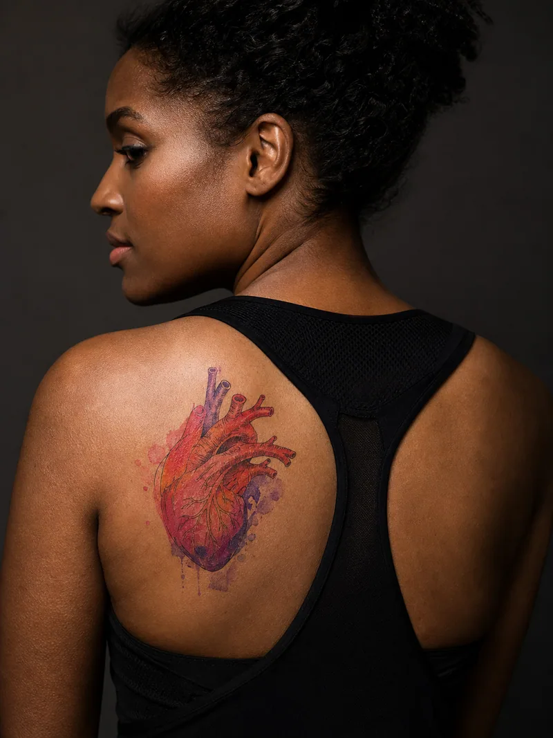 Watercolor heart tattoo - expressive heart built from layered colour washes and a crisp dark contour