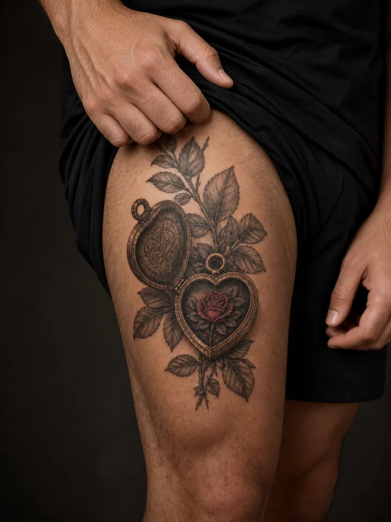 Heart locket tattoo - open antique locket holding a small rose and framed by botanical leaves