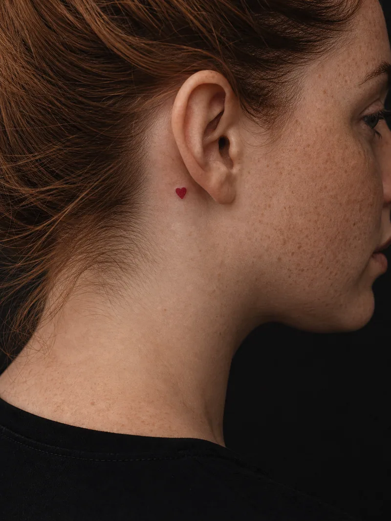 Heart behind the ear tattoo - tiny solid red heart placed discreetly behind the ear