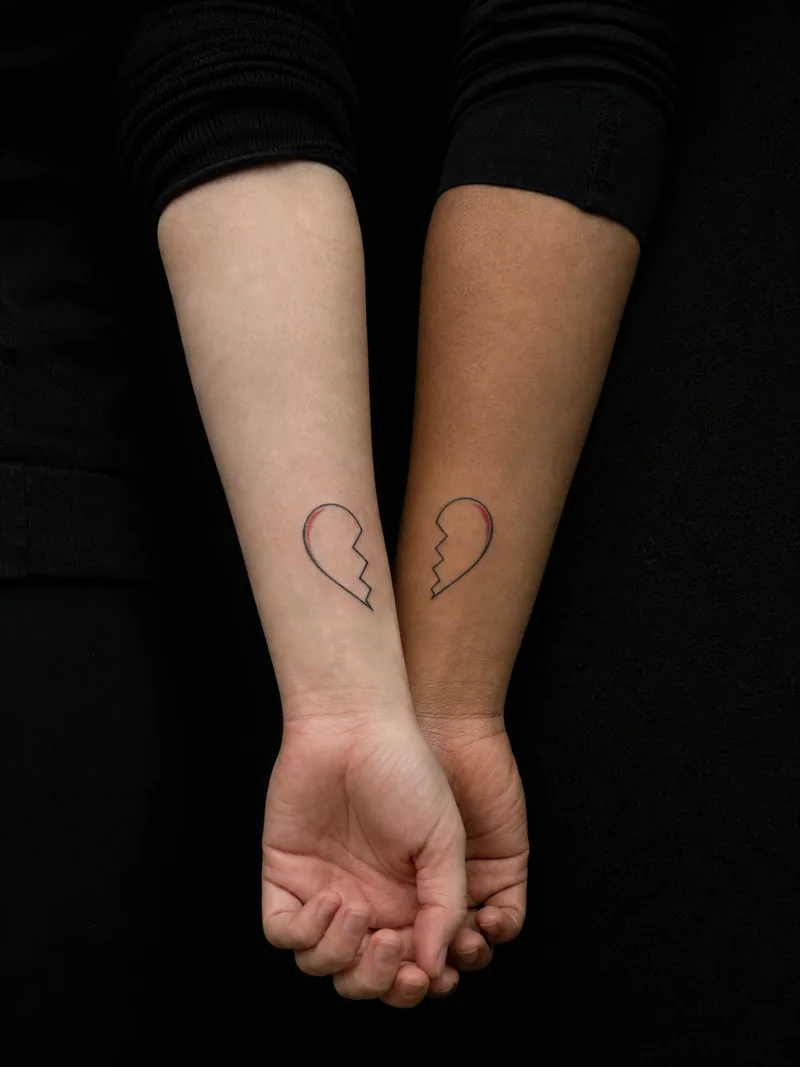 Matching heart tattoos - two broken-heart halves that visually complete one heart when joined