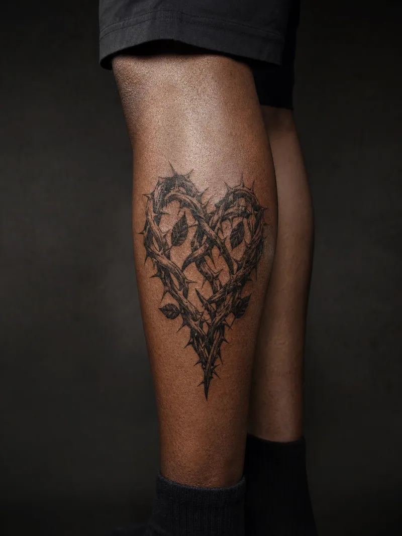 Thorn heart tattoo - dark heart formed from interwoven thorn branches and small leaves