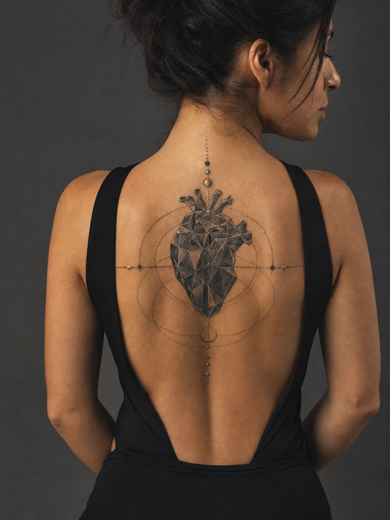 Geometric heart tattoo - faceted heart centred within symmetrical orbit lines and dots