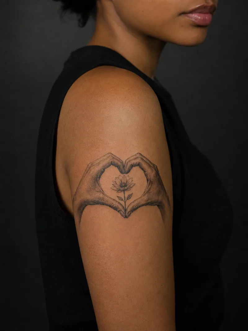 Hands forming a heart tattoo - two realistic hands forming a heart around a small blooming flower