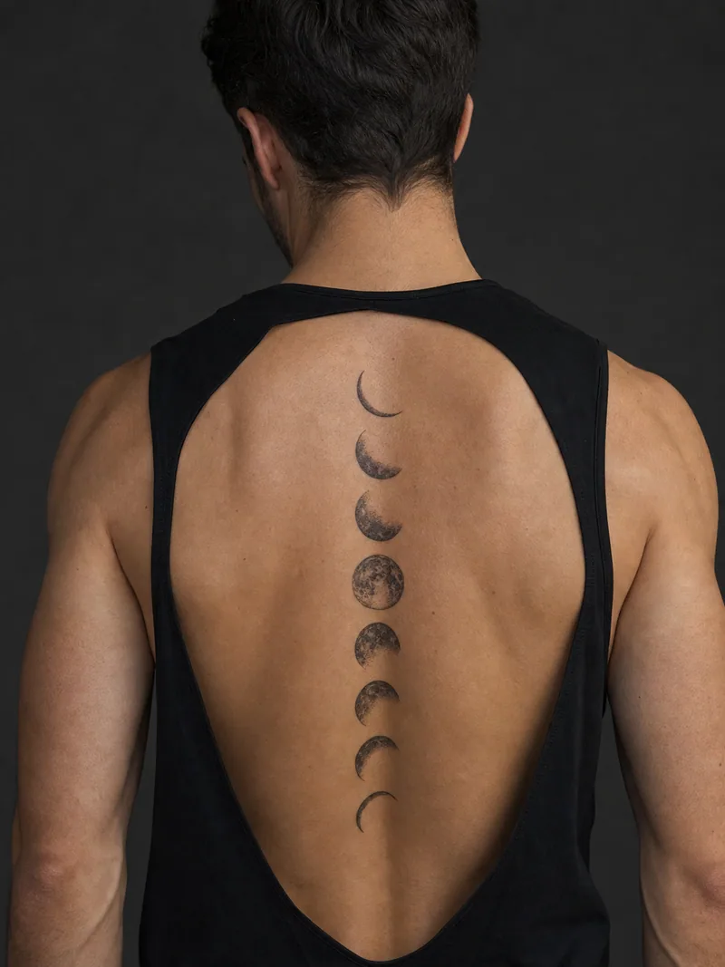 Moon phases spine tattoo - seven lunar phases arranged in a precise vertical sequence