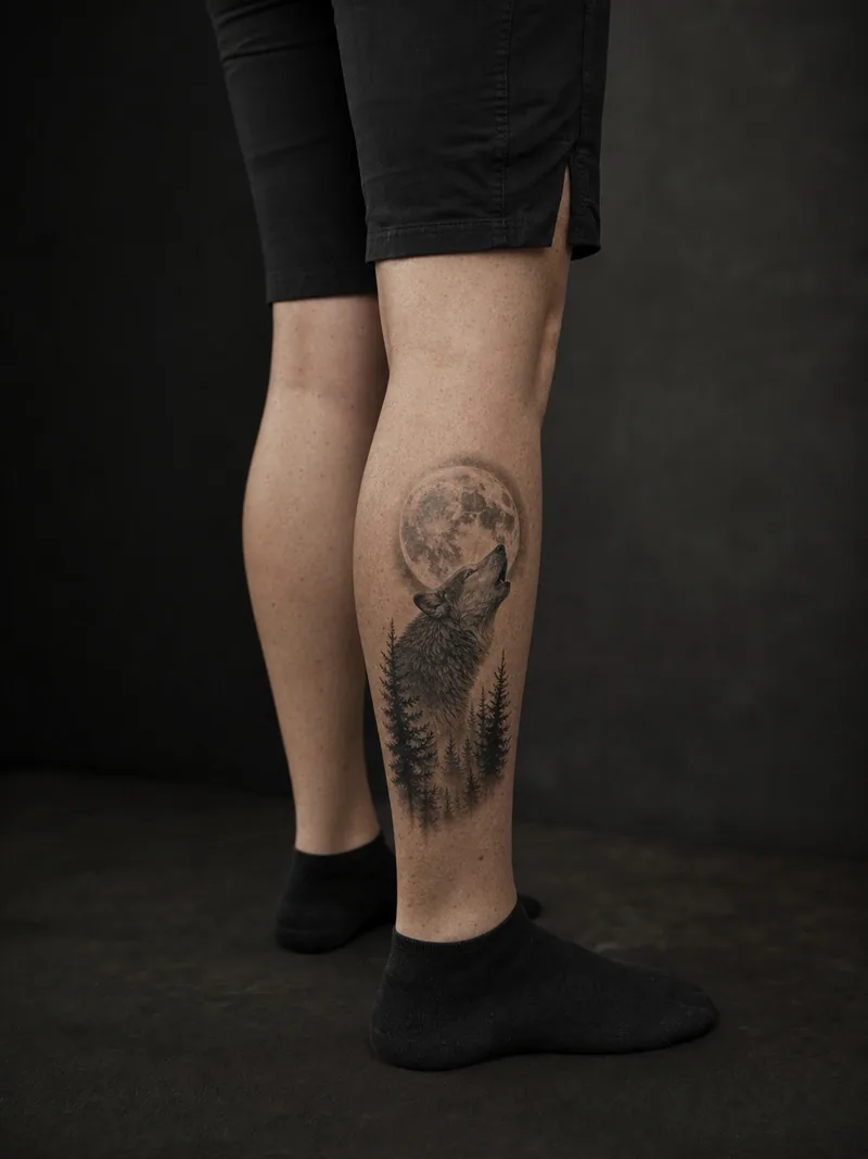 Wolf and moon tattoo - howling wolf and pine silhouettes beneath a textured full moon