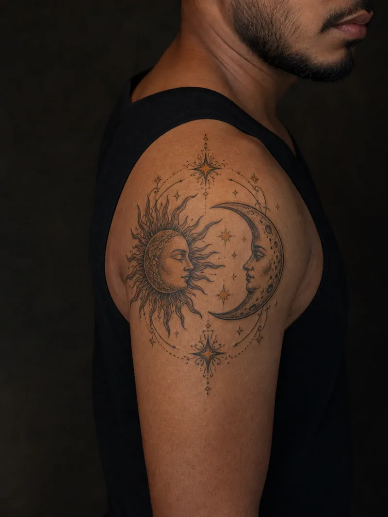 Sun and crescent shoulder tattoo - ornamental sun and crescent facing each other among tiny stars