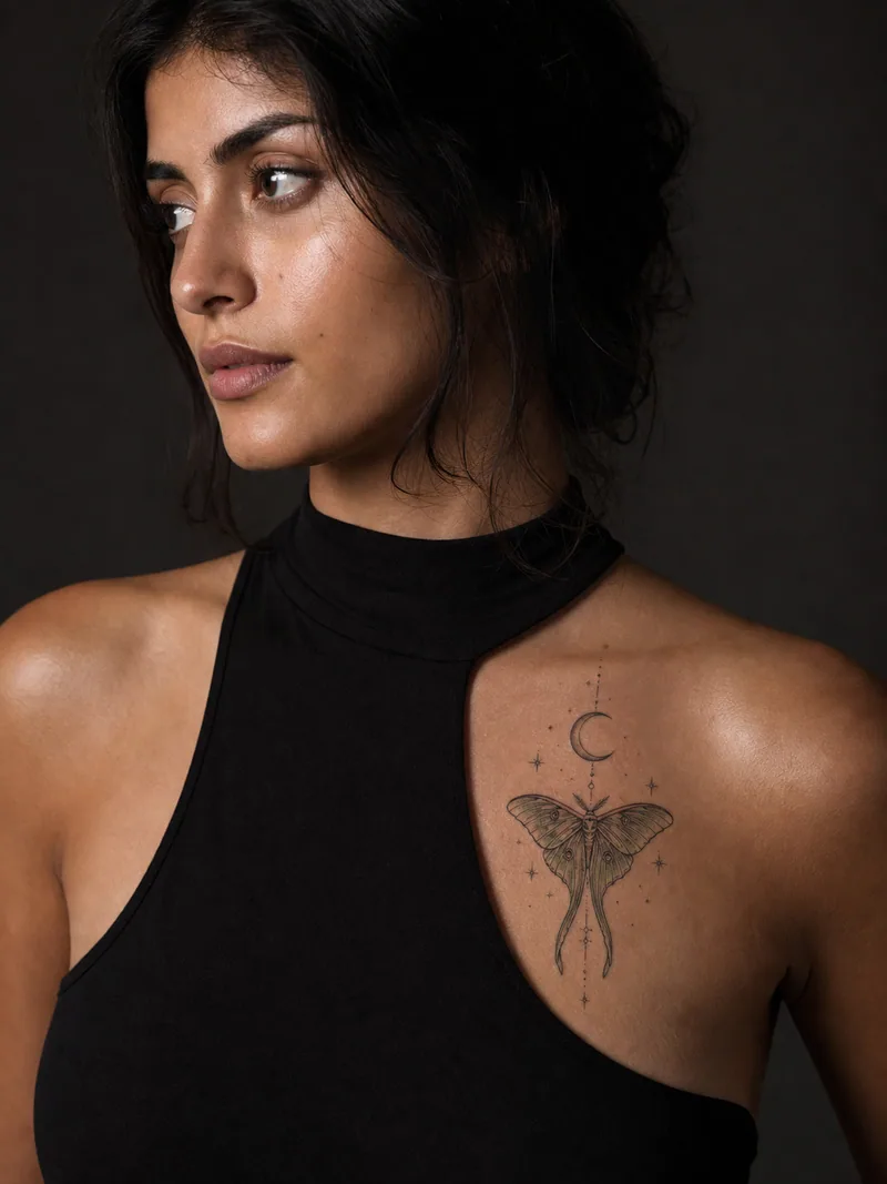 Luna moth moon tattoo - celestial moth resting beneath a crescent and small star details