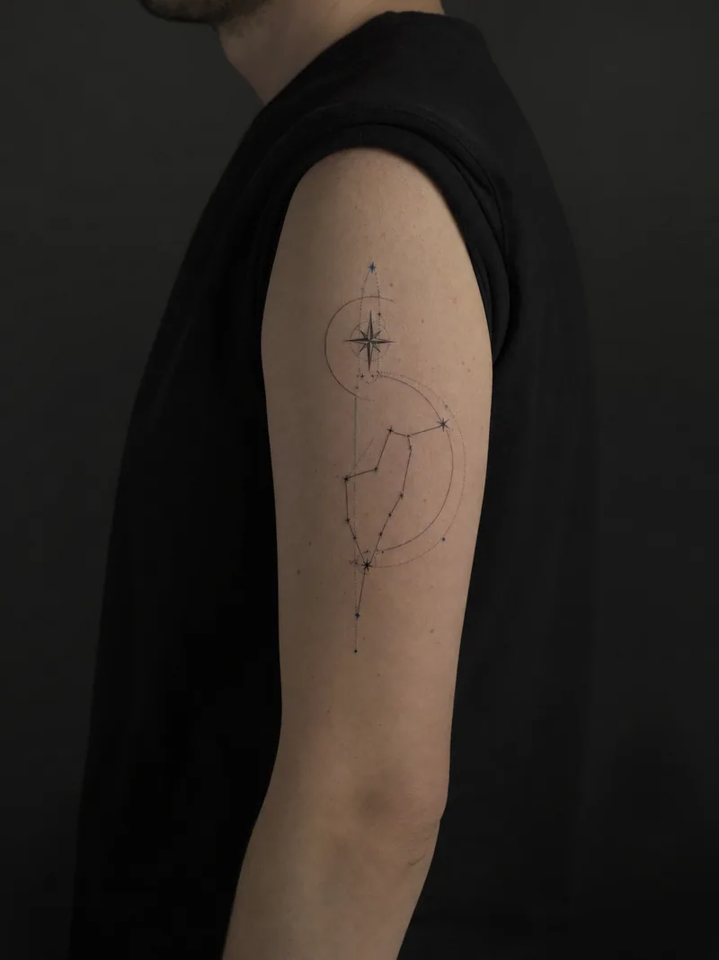 Star map tattoo - connected stars, a bright north star and clean orbital arcs