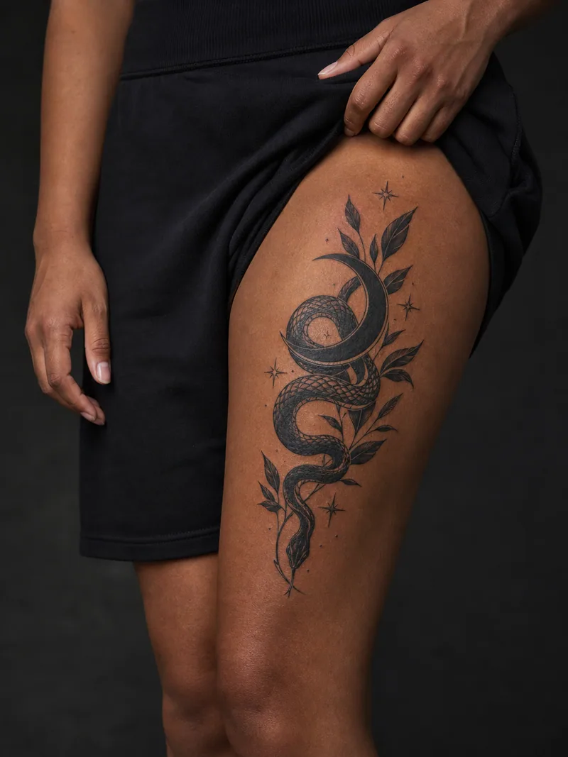 Snake and crescent tattoo - snake curling around a crescent moon with leaves and white stars