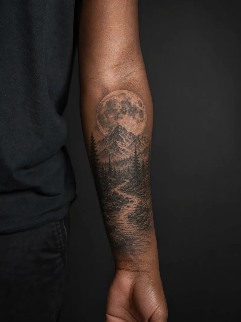 Moon and mountain tattoo - mountain ridge, pine trees and a river contained inside a full moon