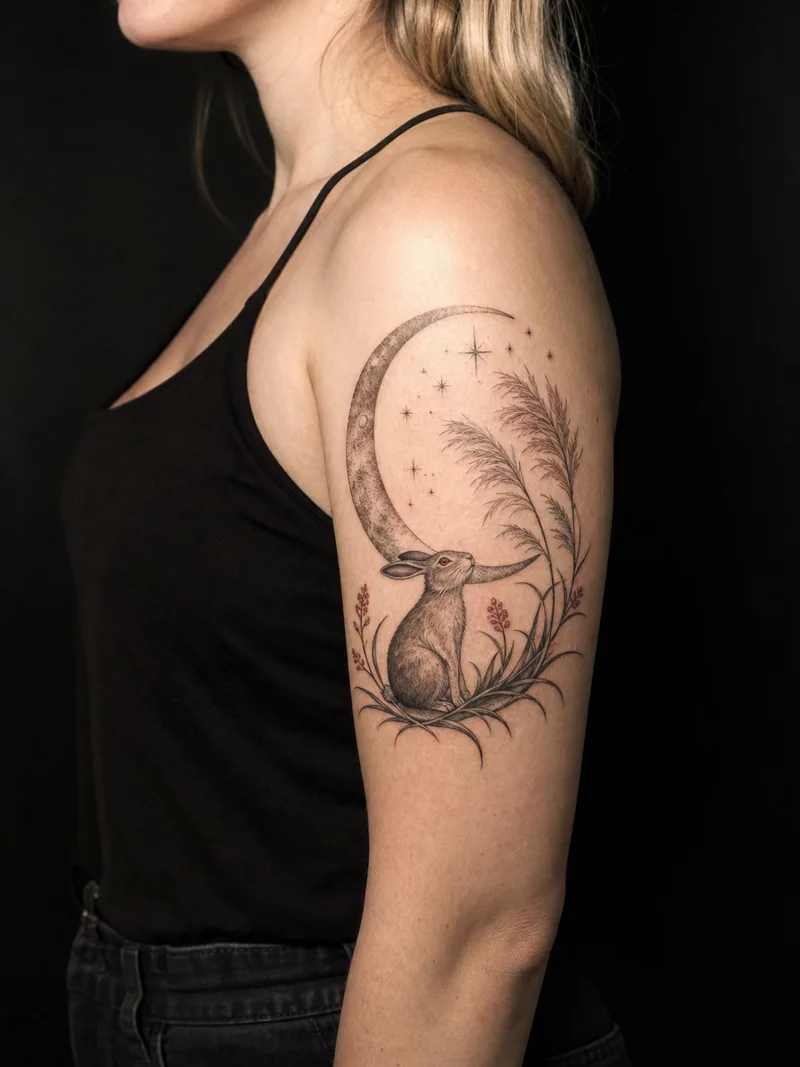 Moon rabbit tattoo - lunar rabbit sitting beneath a crescent among grass and stars