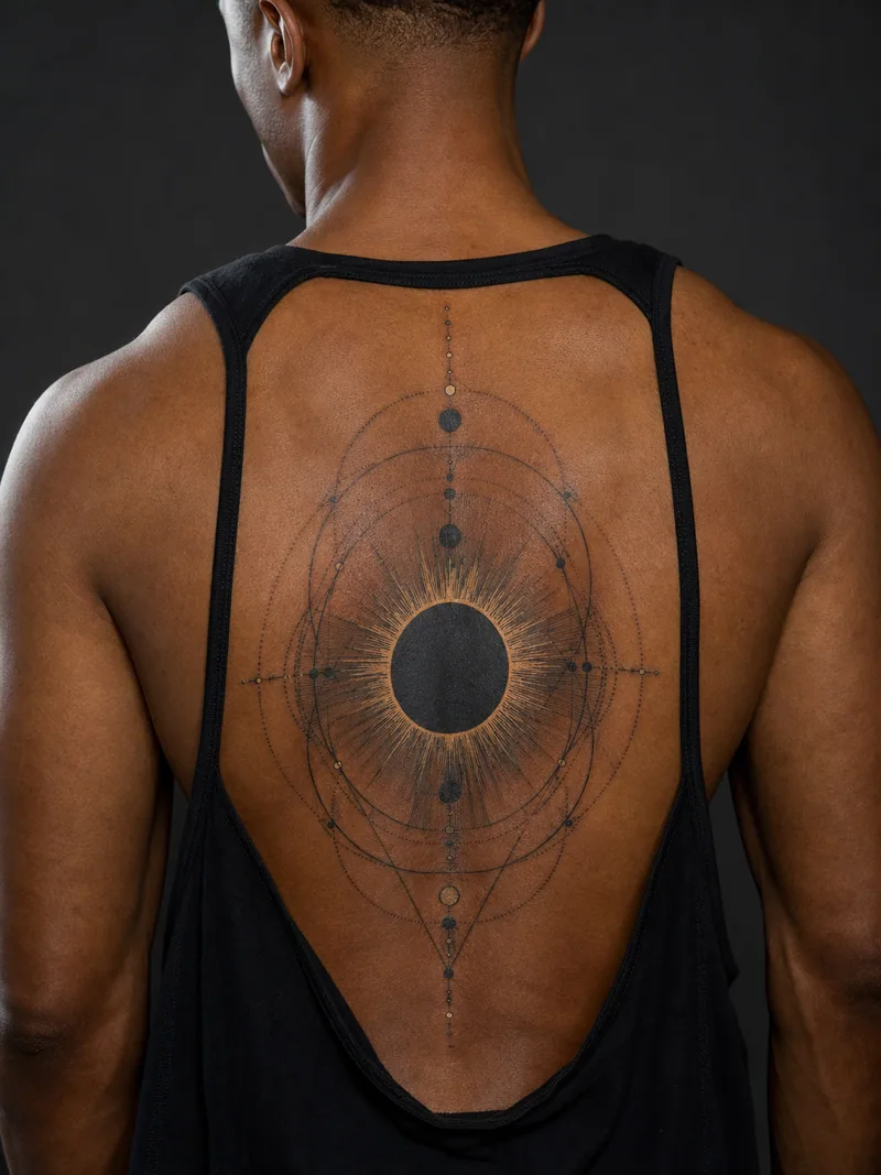 Solar eclipse back tattoo - dark eclipse disk surrounded by a radiant corona and orbit lines