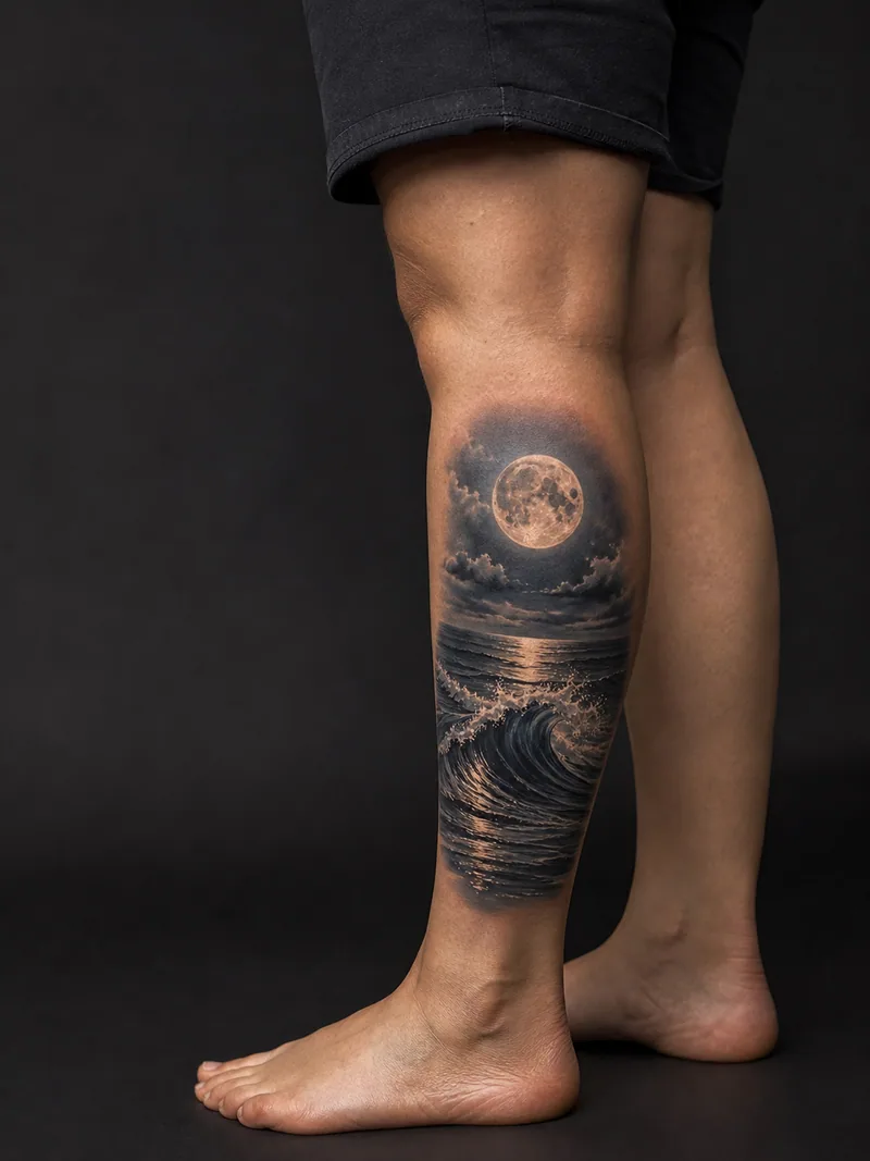 Moonlit ocean tattoo - full moon reflected across deep layered ocean waves