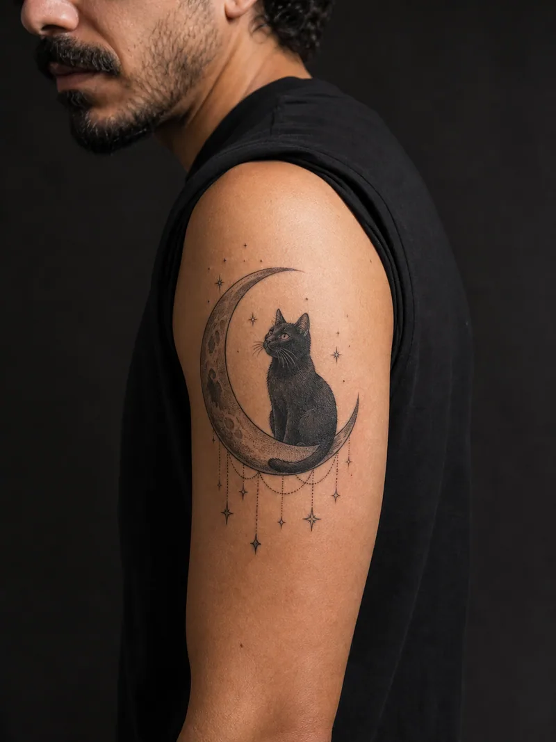 Cat and crescent tattoo - black cat sitting inside a crescent with hanging stars