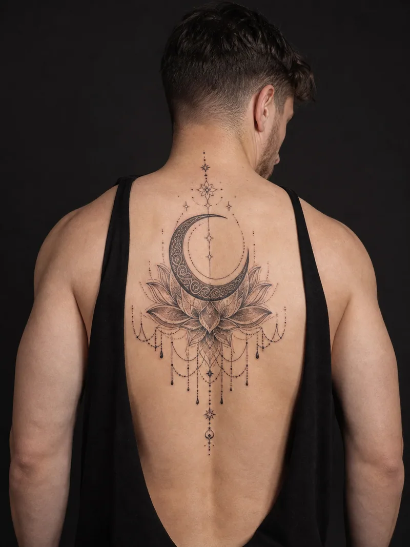 Ornamental moon back tattoo - large crescent framed by lotus petals, chains and stars