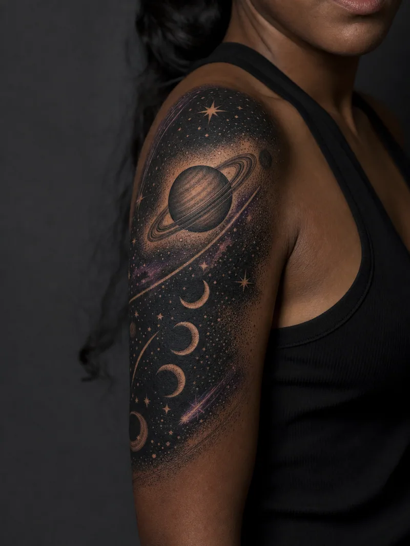 Planetary half sleeve tattoo - Saturn, moon phases and meteor trails layered across the upper arm
