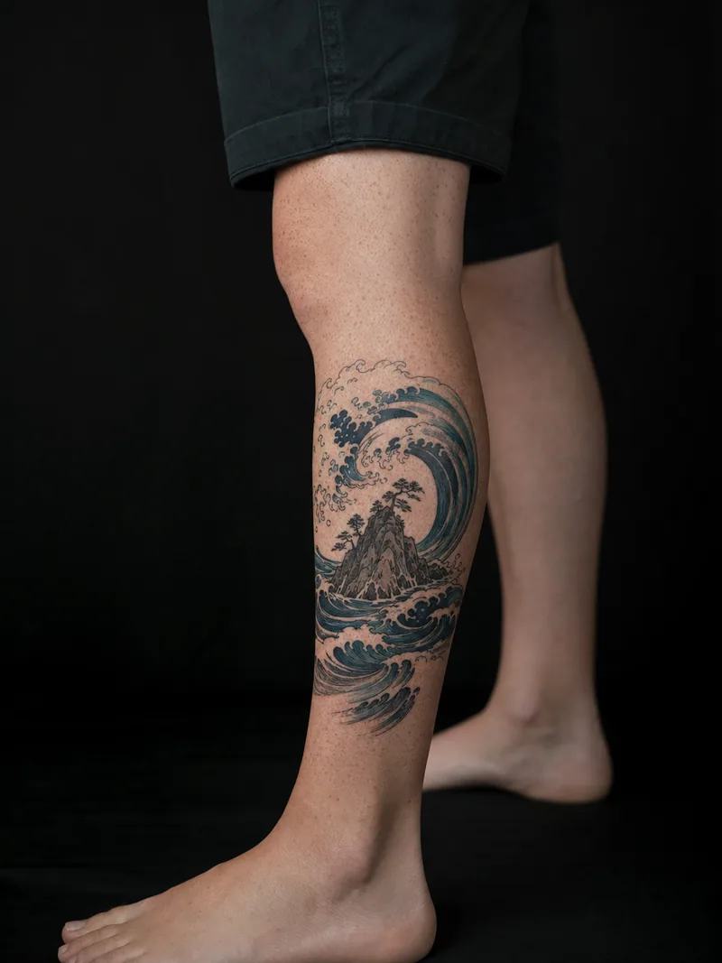 Ocean wave tattoo - curling ocean wave wrapping around a small rocky island