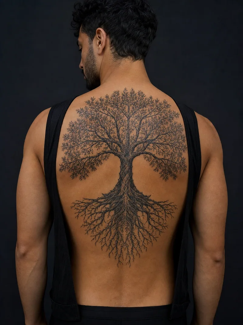 Tree of life tattoo - large tree with detailed roots mirrored by a full branching canopy