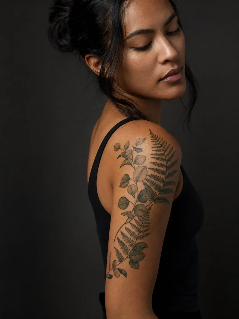 Fern shoulder tattoo - fern frond and eucalyptus leaves wrapping naturally around the shoulder