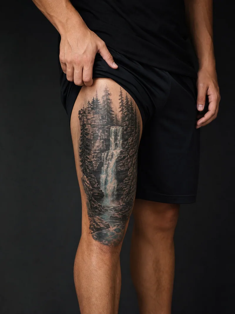 Waterfall thigh tattoo - waterfall descending through layered cliffs and cedar trees