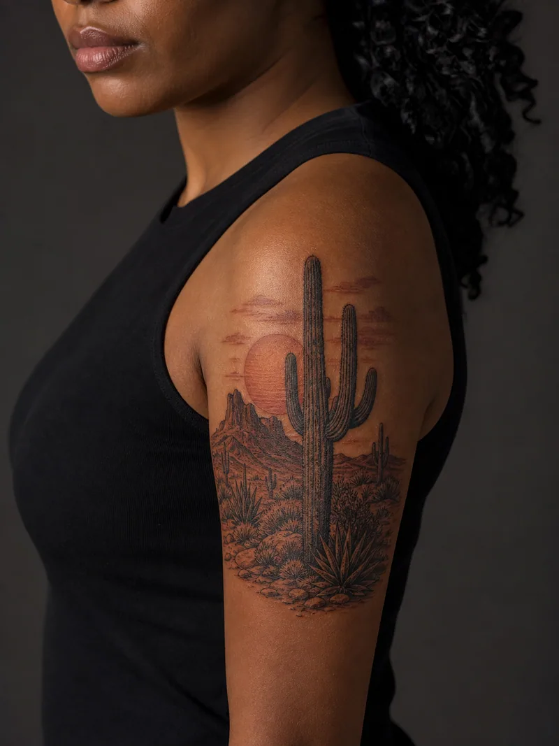 Desert tattoo - saguaro cactus, setting sun and distant desert mesas
