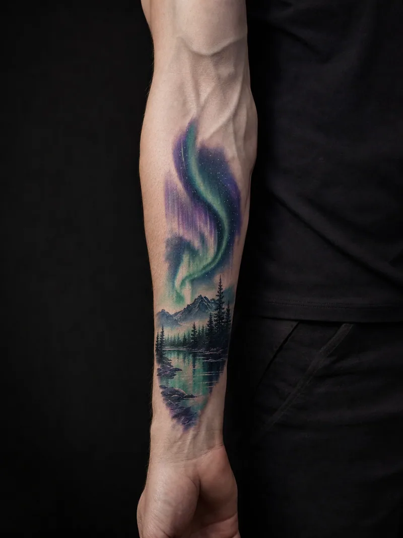 Northern lights tattoo - aurora ribbon above spruce trees and a reflective mountain lake