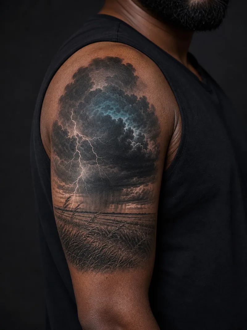 Thunderstorm tattoo - dark storm clouds, forked lightning and wind-bent grass over open plains