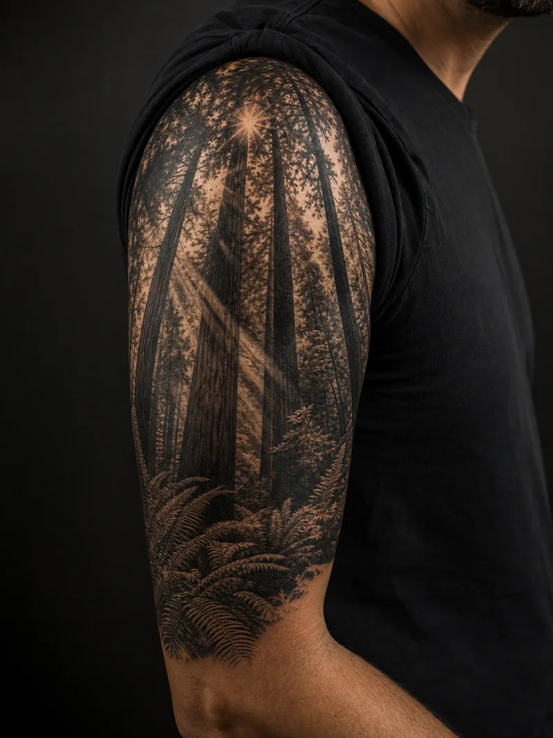 Redwood forest sleeve tattoo - towering redwood trunks viewed from below with ferns and rays of light