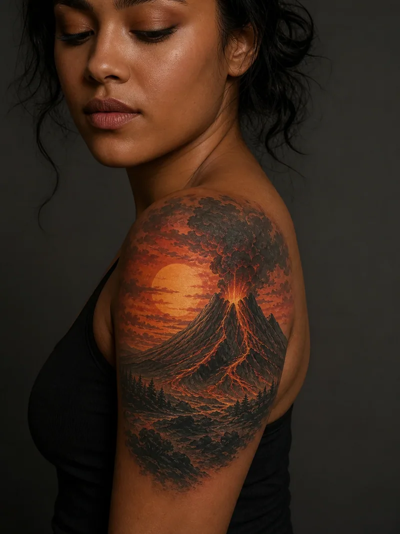 Volcano shoulder tattoo - erupting volcano beneath a glowing sunset and dark clouds