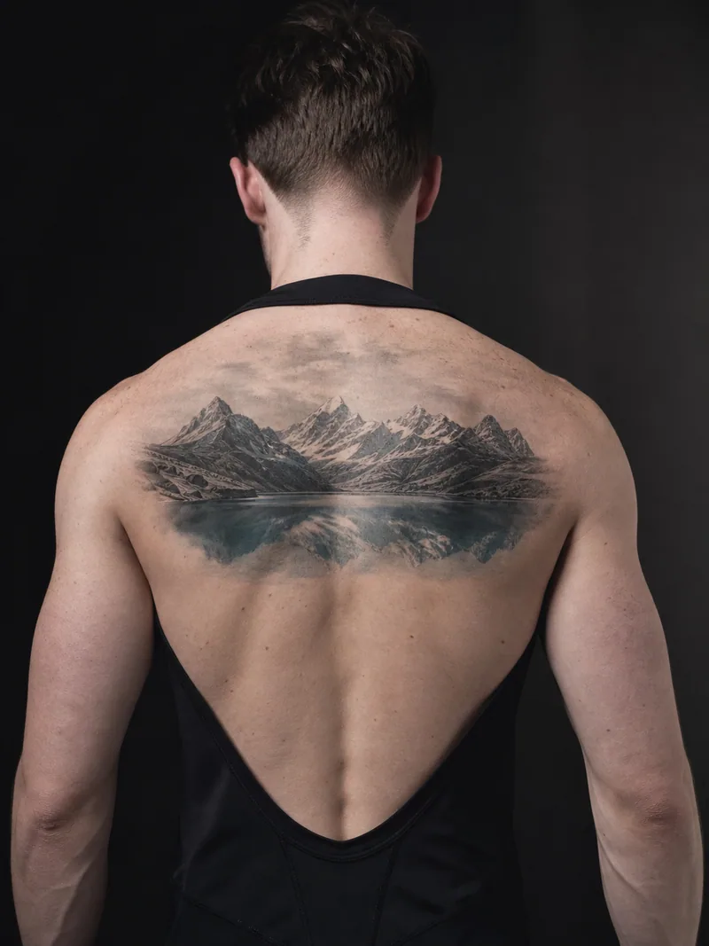 Alpine landscape tattoo - snowy alpine peaks reflected across a still mountain lake