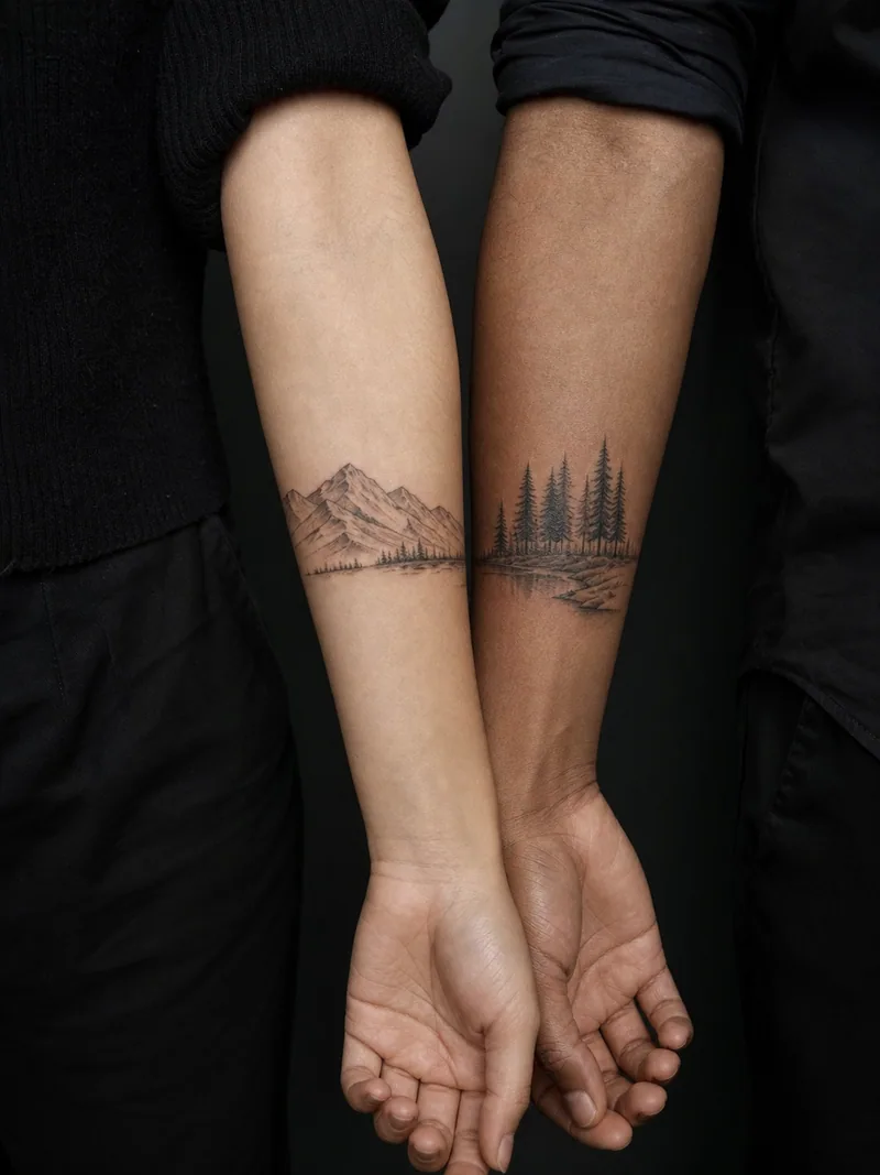 Matching nature tattoos - connecting mountain ridge and pine forest beside a river