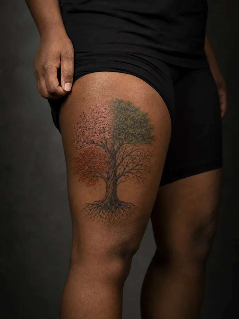 Four seasons tree tattoo - one tree canopy shifting through spring, summer, autumn and winter