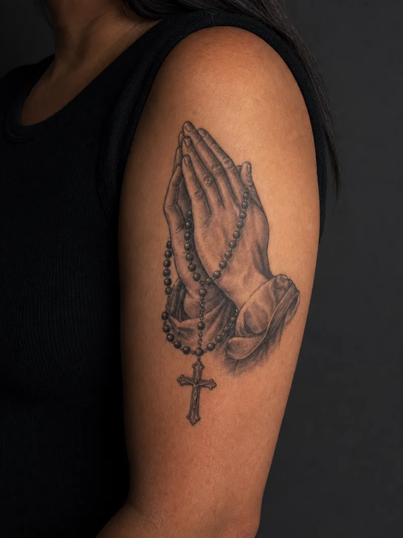 Rosary and praying hands tattoo - detailed praying hands with a rosary draped naturally around them