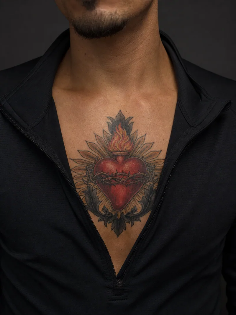 Sacred Heart tattoo - red Sacred Heart with a flame, golden rays and dark ornamental leaves