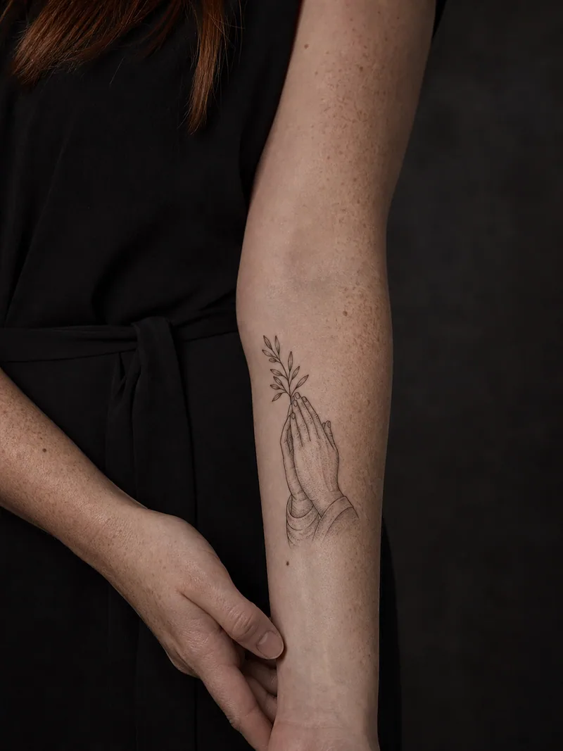 Fine line praying hands tattoo - praying hands holding a small olive branch with subtle dot shading
