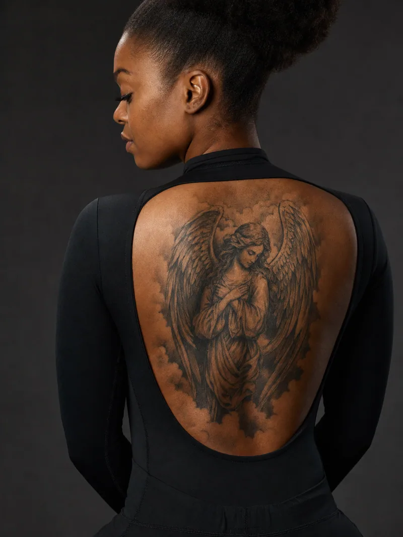 Guardian angel back tattoo - guardian angel with folded wings emerging through soft clouds