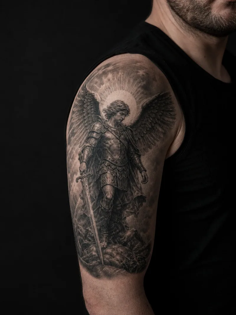 Archangel shoulder tattoo - armoured archangel with spread wings and a downward sword