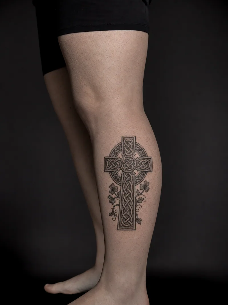 Celtic cross tattoo - intricate cross built from interlaced knotwork and small shamrock leaves