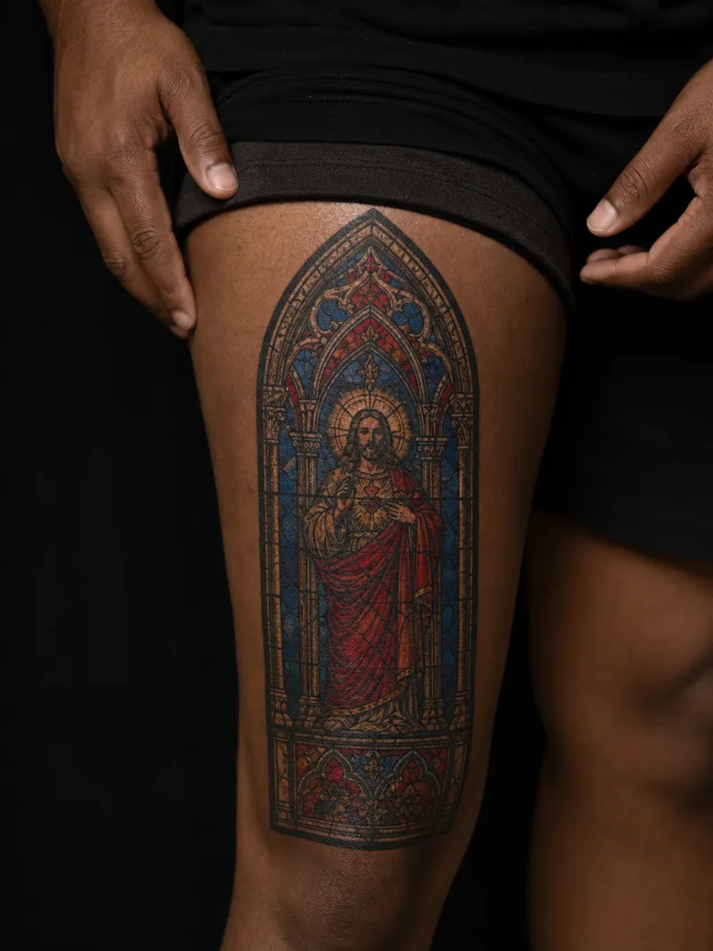 Stained glass religious tattoo - gothic cathedral window with jewel-toned glass and crisp dark structure