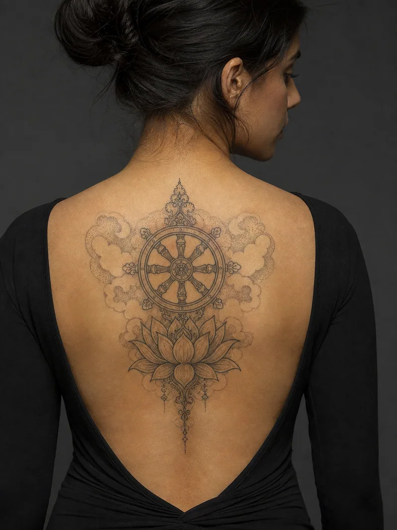 Dharma wheel tattoo - Buddhist dharma wheel above a lotus and subtle dotwork clouds