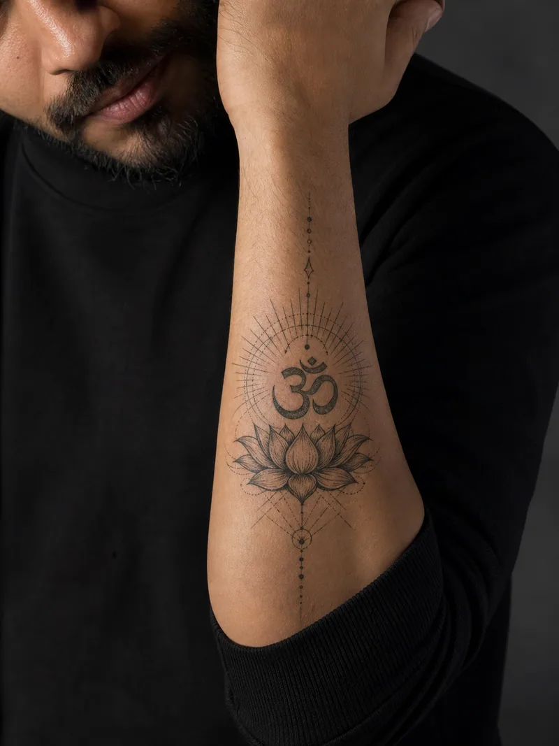 Om and lotus tattoo - Om symbol above a lotus with geometric rays and precise dot shading