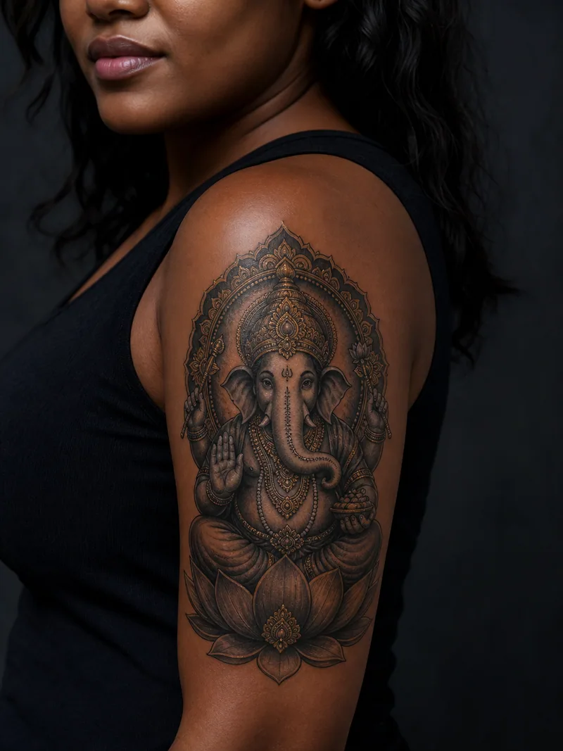 Ganesha upper arm tattoo - respectful Ganesha portrait framed by lotus petals and ornament