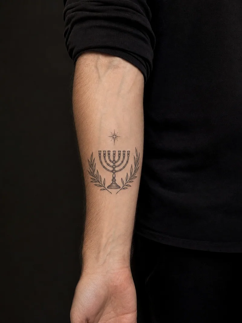 Menorah forearm tattoo - seven-branched menorah framed by olive branches and a small radiant star