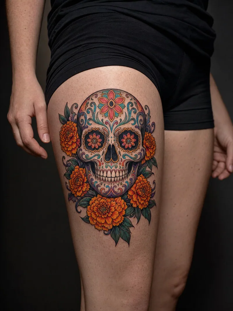 Sugar skull tattoo - bright decorative sugar skull surrounded by layered marigolds