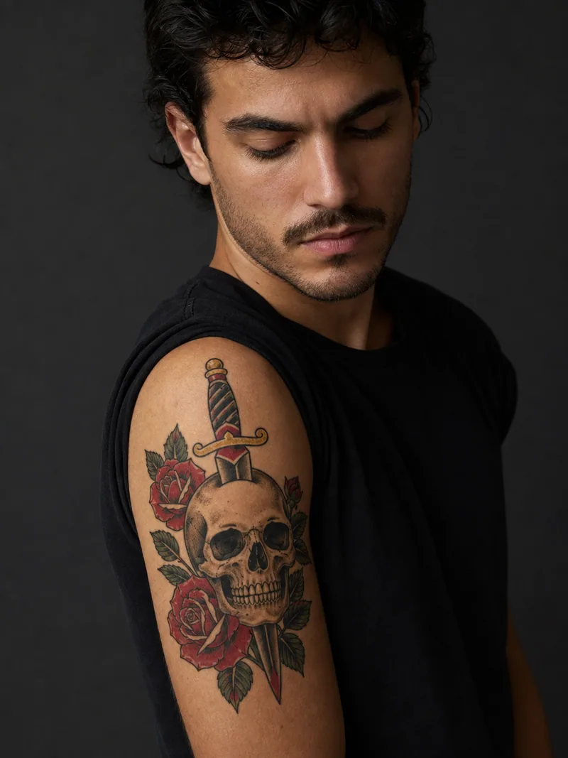 Traditional skull tattoo - bold skull backed by a dagger and framed with red roses