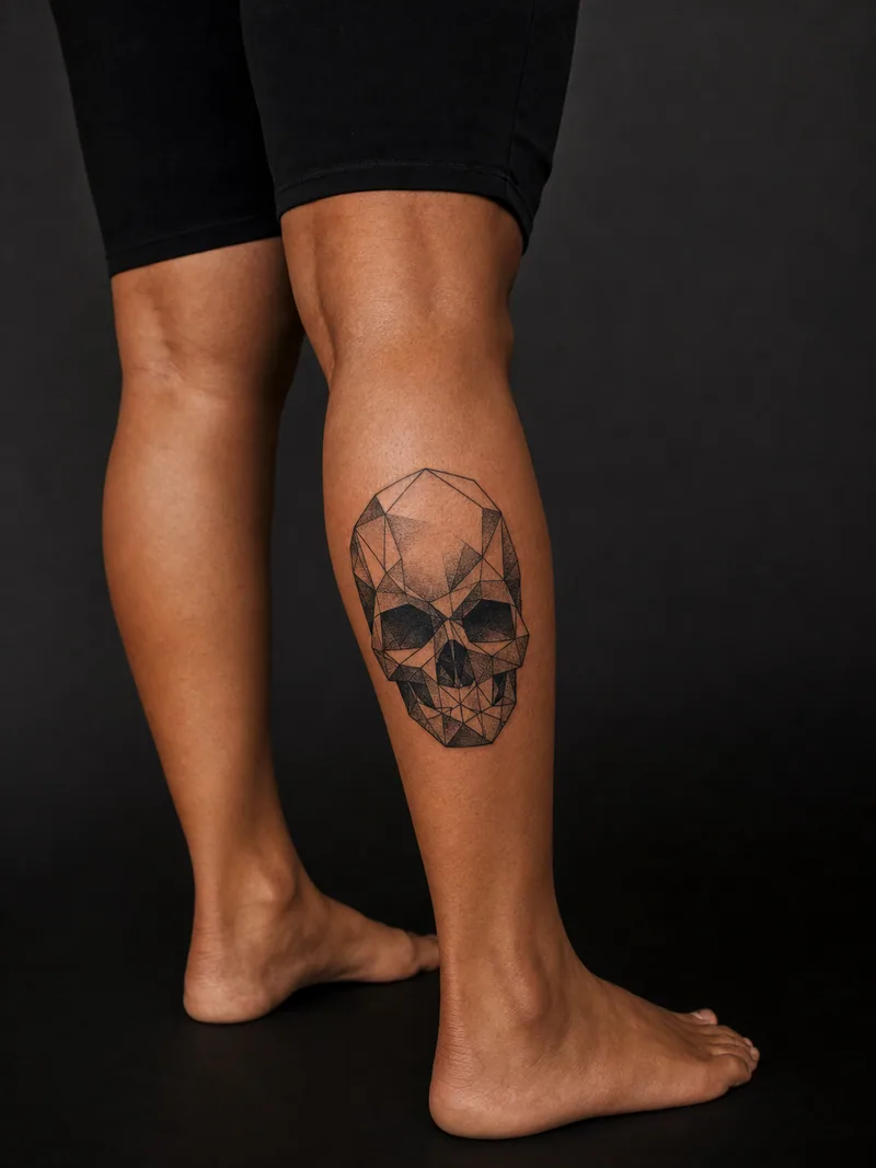 Geometric skull tattoo - faceted skull built from precise polygon lines and dot shading