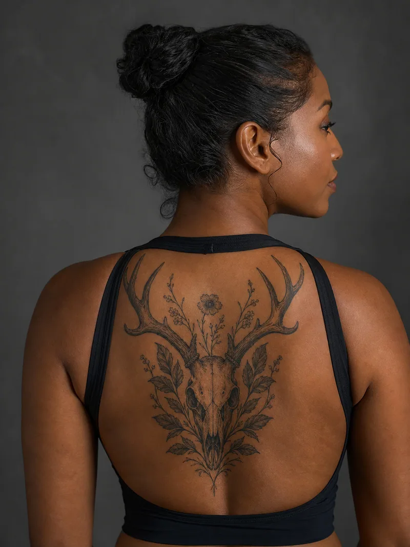 Deer skull tattoo - deer skull with wide antlers, dried leaves and small wildflowers