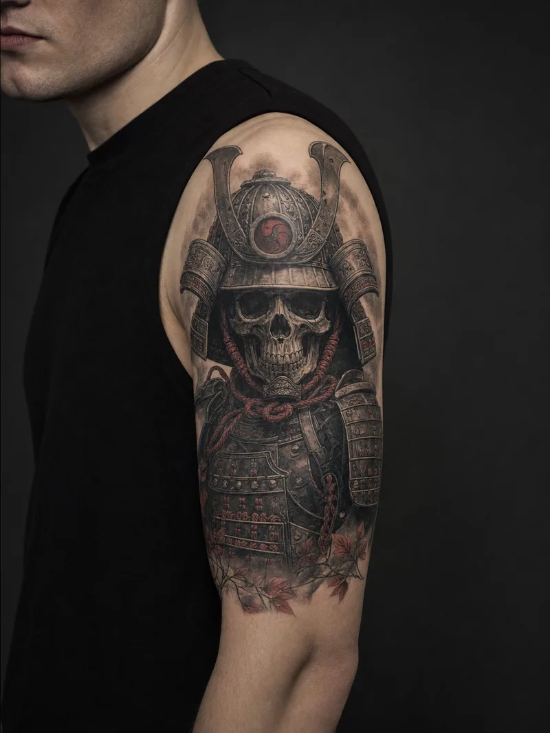 Samurai skull tattoo - stylized skull enclosed by a detailed samurai helmet