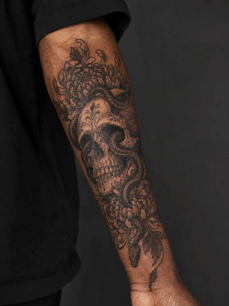 Snake and skull tattoo - snake weaving through a decorative skull and chrysanthemum petals