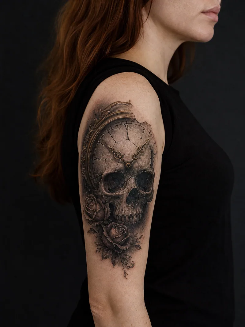 Clock and skull tattoo - cracked antique clock face merging into a skull and small roses